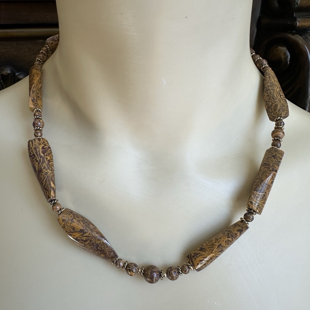 Vintage Artisan Beaded Necklace 19 Inch‎ Miriam Fossil Jasper 14K20 Gold Filled